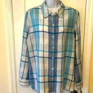 100% Linen Button Front Shirt Plaid Tunic Top Women XL Blue Long Coastal Preppy